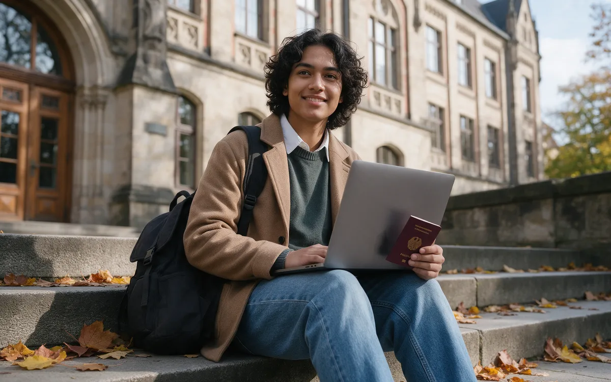 An international student with a laptop and passport sitting on the steps of a university building