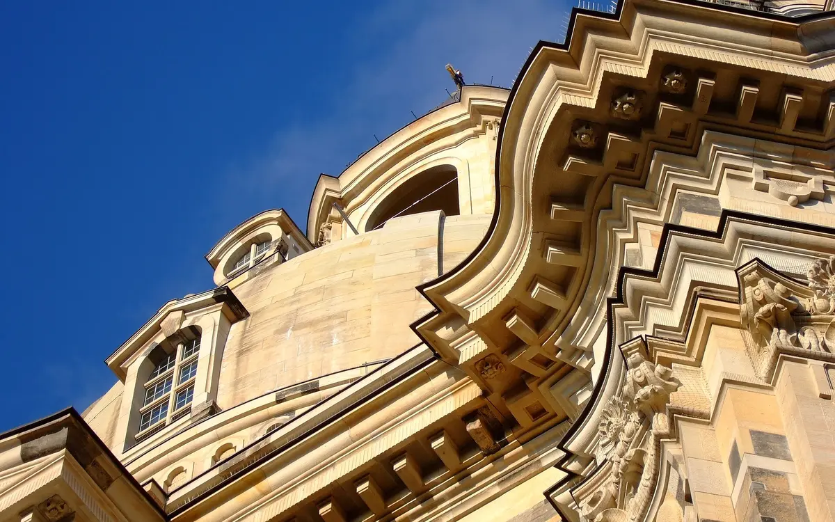 Stone facade and dome detail of the Frauenkirche in Dresden