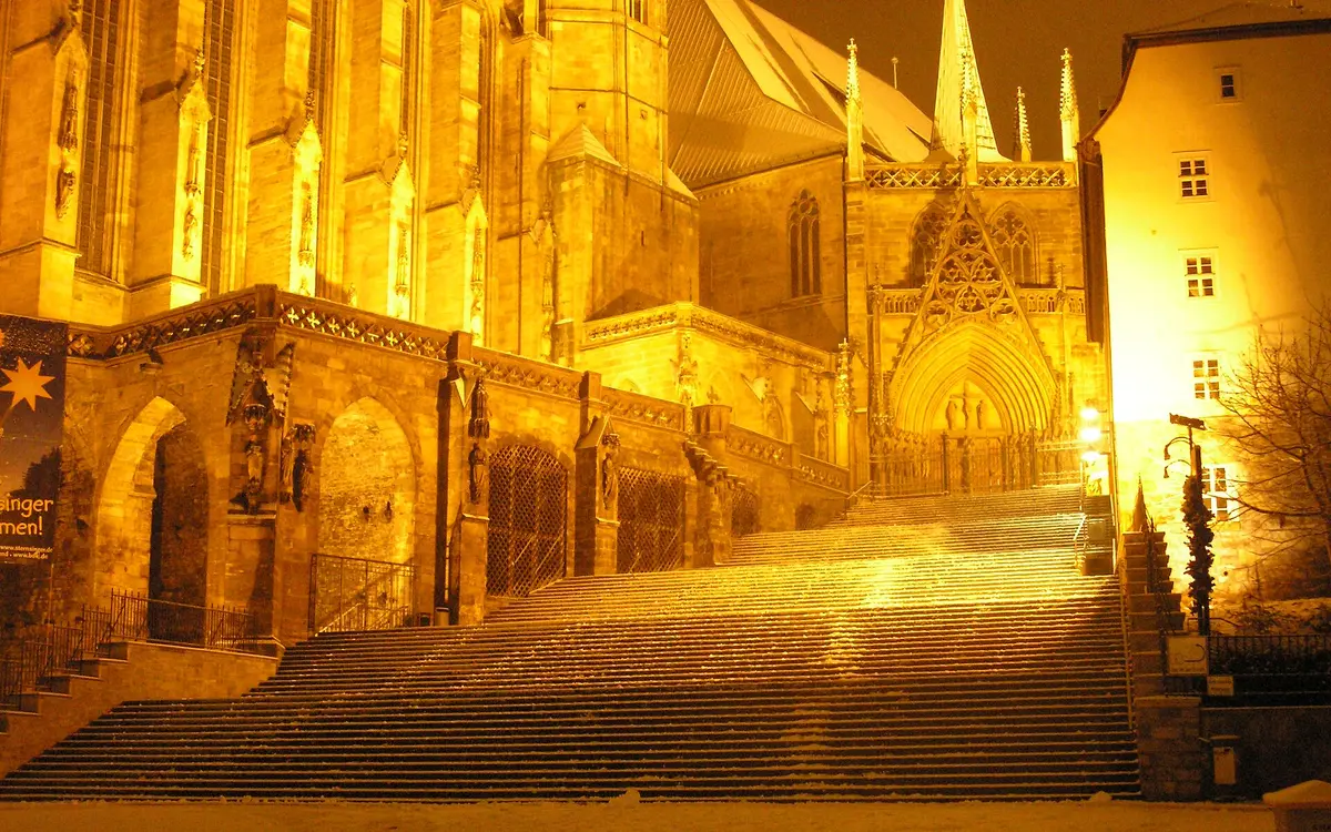 The Domstufen, the wide stairway up to the cathedral hill in Erfurt, shown at night