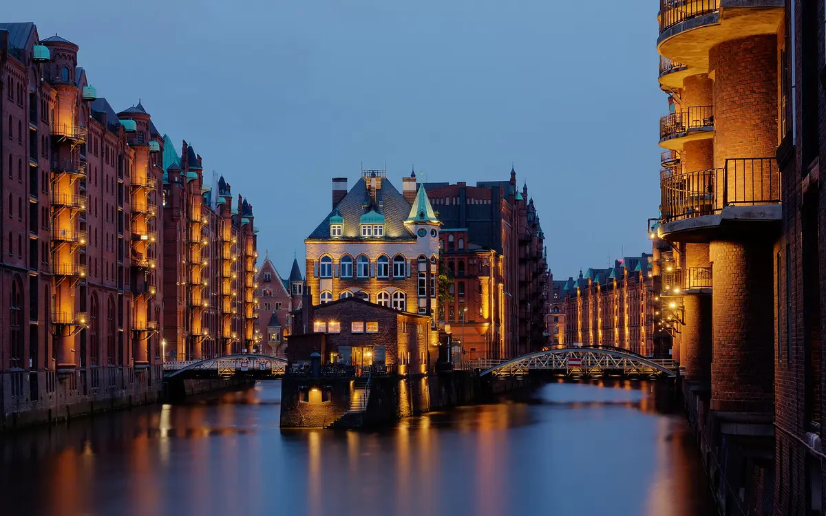 The Speicherstadt warehouse district at dusk