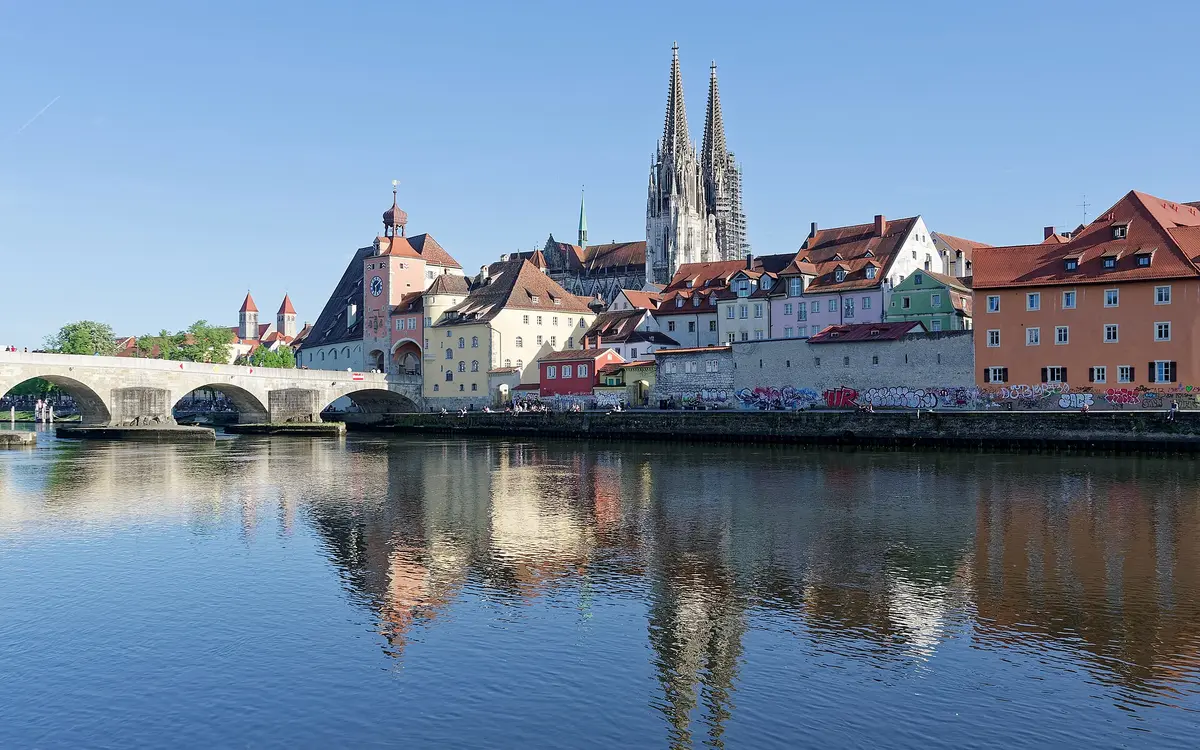 Regensburg Cathedral (Dom St. Peter) with its twin spires rising over the old town