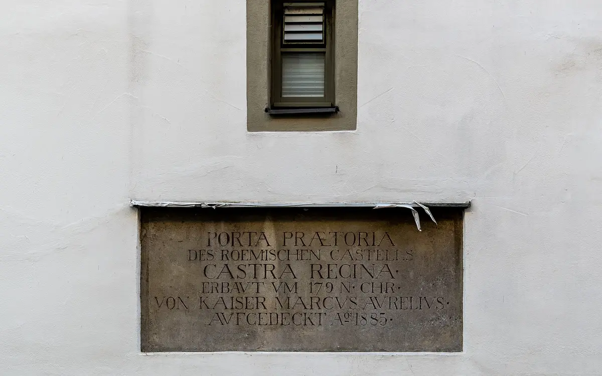 The inscription plaque of the Porta Praetoria, the Roman gate in Regensburg