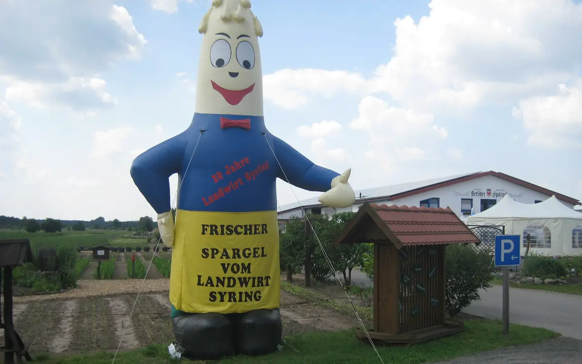 Large inflatable asparagus mascot at a farm shop, with a sign for fresh local asparagus (Spargel from a local farmer)