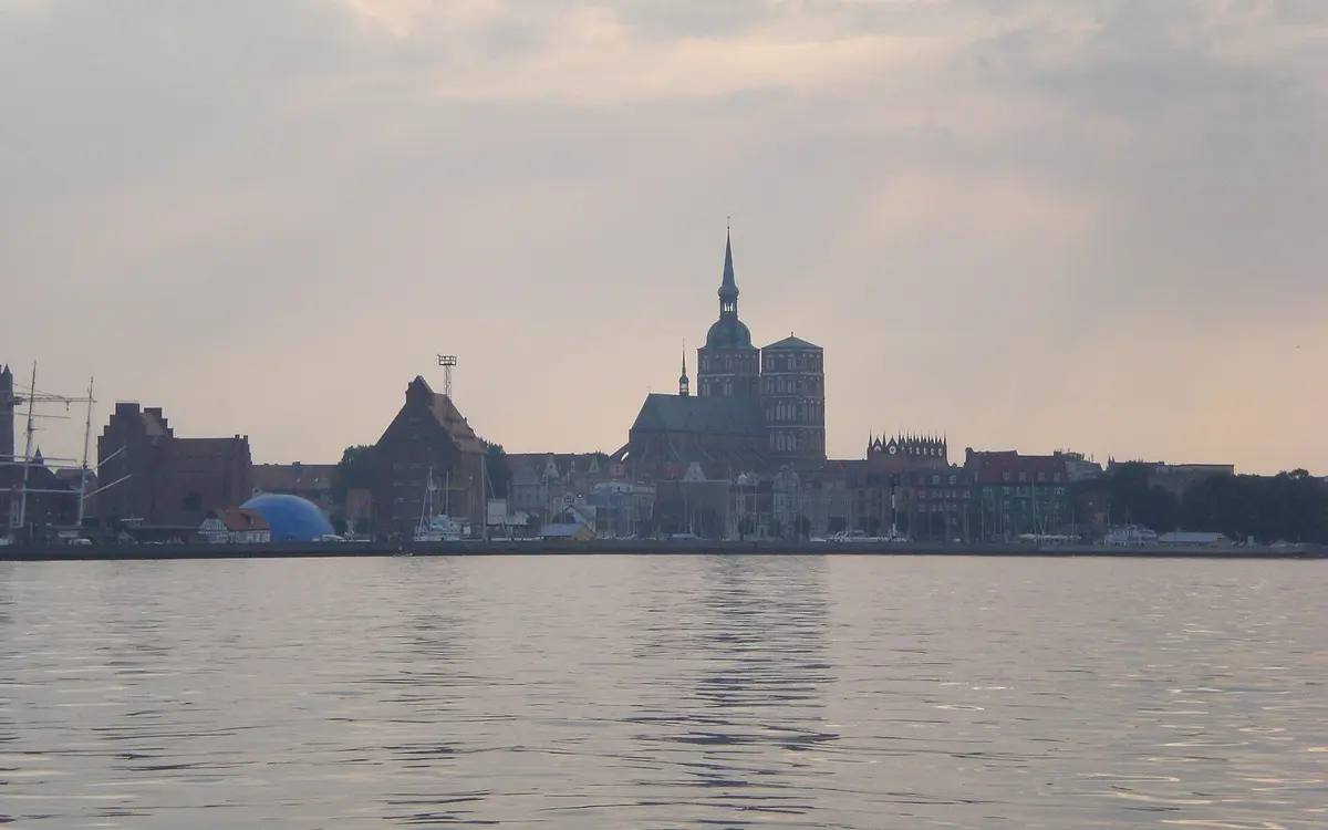 Stralsund's old town skyline across the harbour
