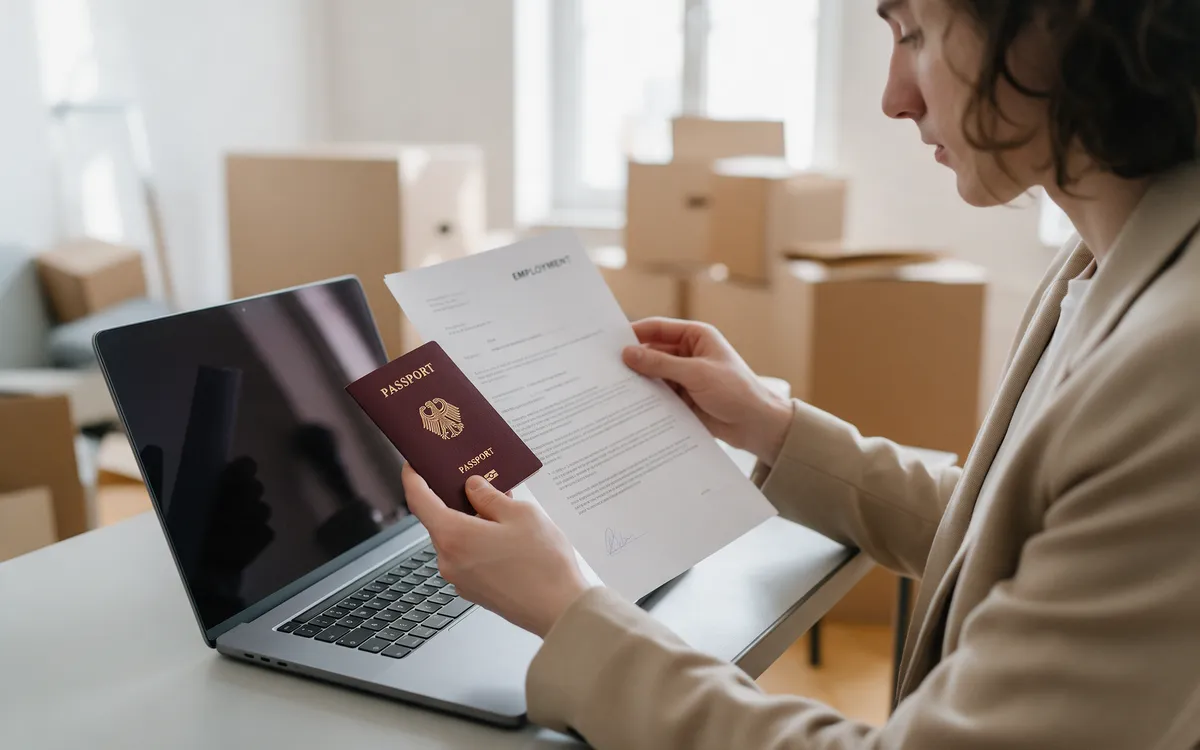 A young professional holding a passport and an employment contract at a laptop, with moving boxes behind