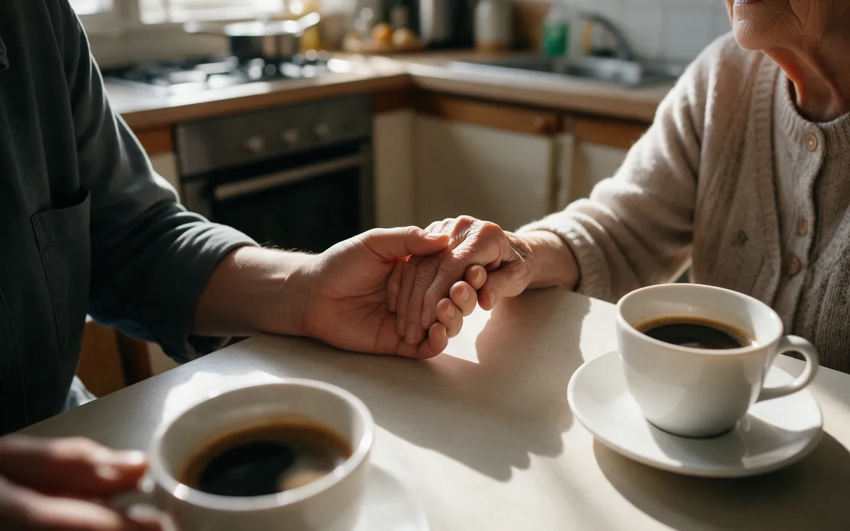 A caregiver holding the hand of an elderly woman at a kitchen table