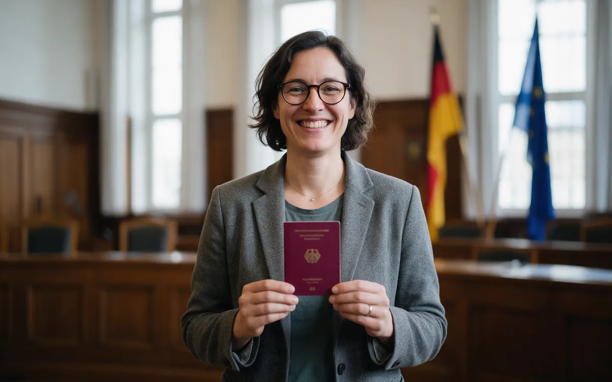 A smiling woman holding a German passport in a town hall with German and EU flags behind her