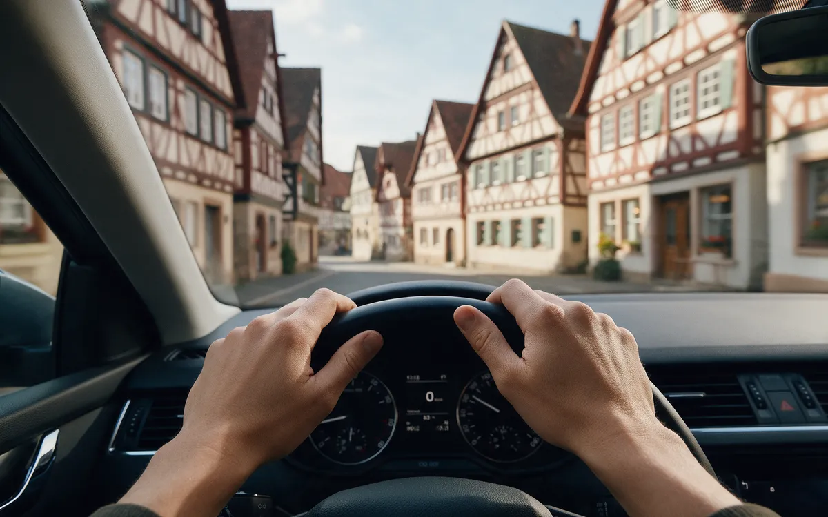 Hands on a steering wheel, driving down a street of half-timbered houses