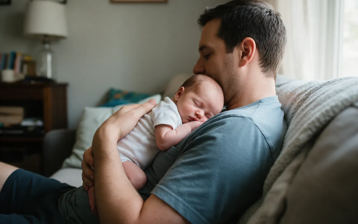 A father holding his sleeping newborn on his chest on a sofa