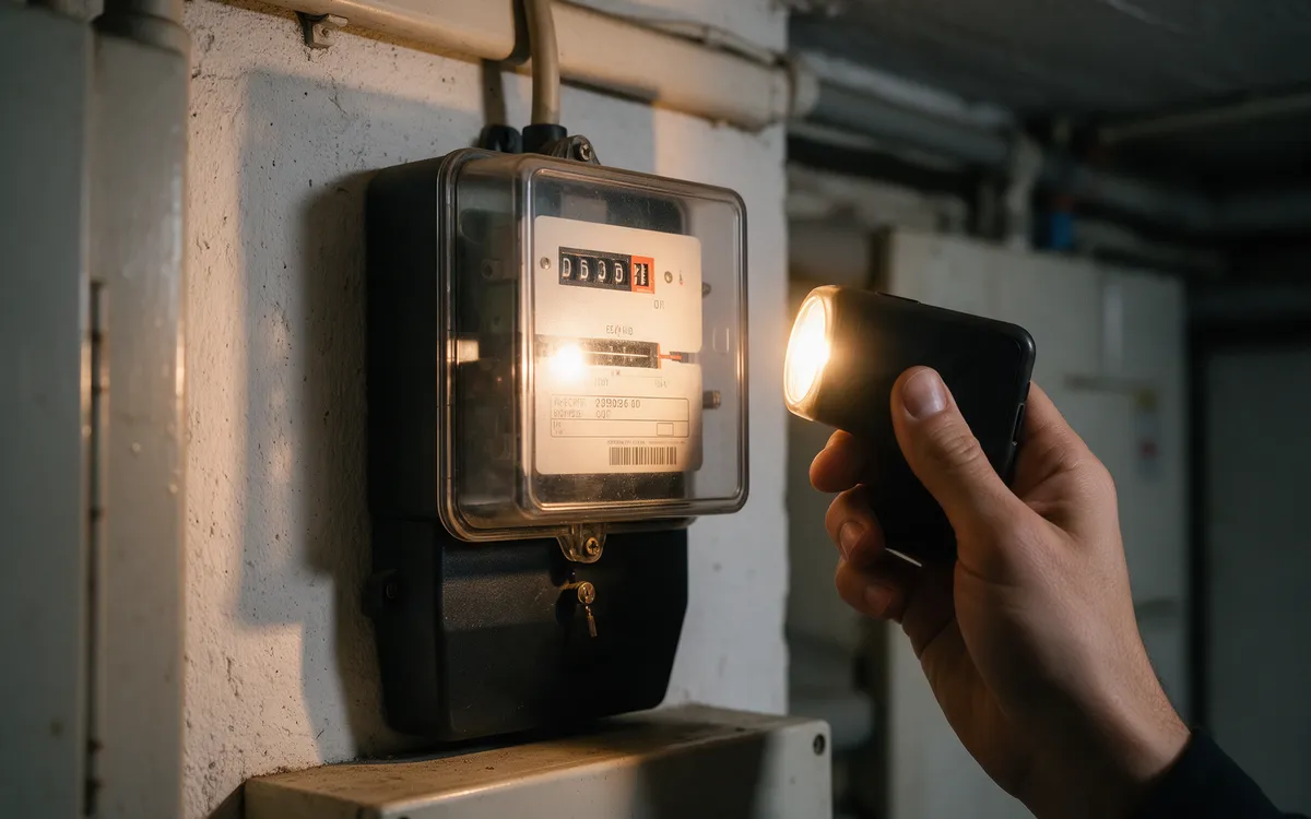 A torch lighting up an electricity meter in a building basement