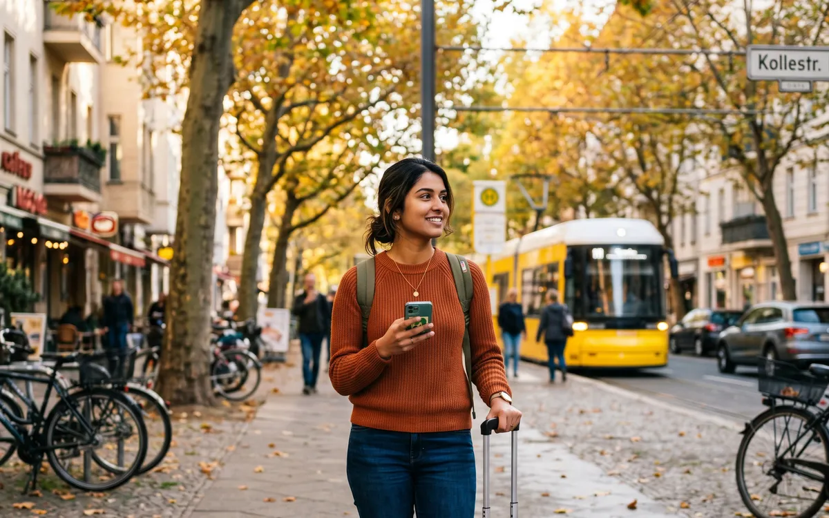 Woman with a suitcase and phone on a Berlin street with a yellow tram