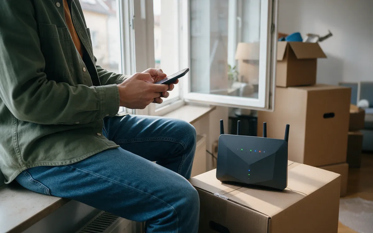 A person on a windowsill with a phone, a new wifi router on a moving box beside them