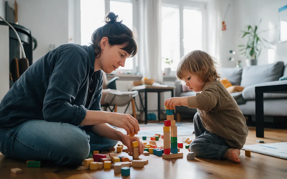 A parent and a toddler building a tower of wooden blocks on a living room floor
