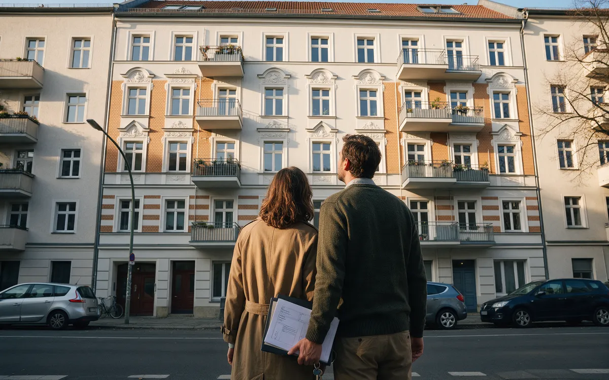 A couple with a folder of documents looking up at a renovated period apartment building