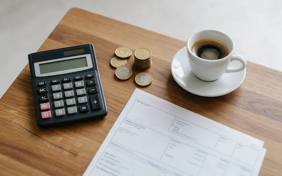A payslip, a calculator, euro coins and a cup of coffee on a wooden desk