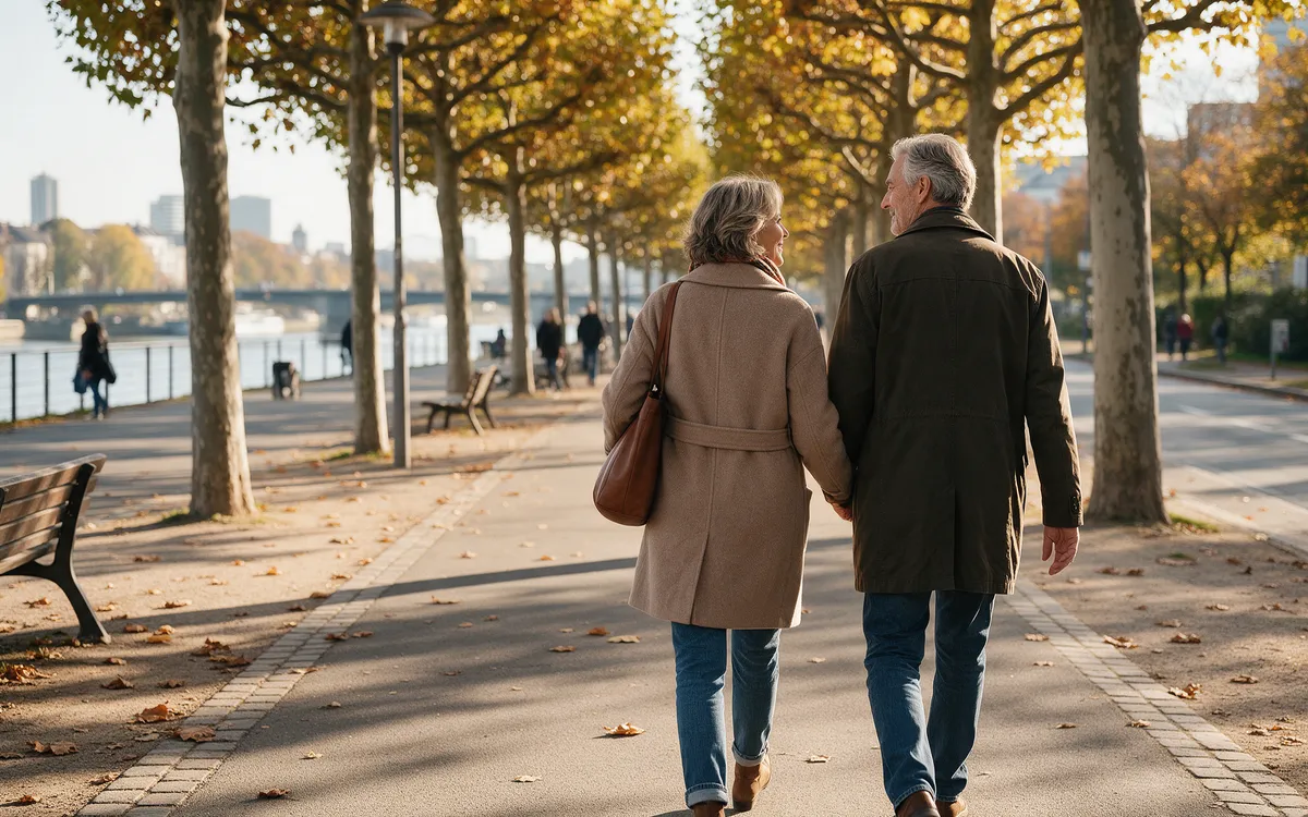 An older couple walking along a tree-lined river promenade in autumn