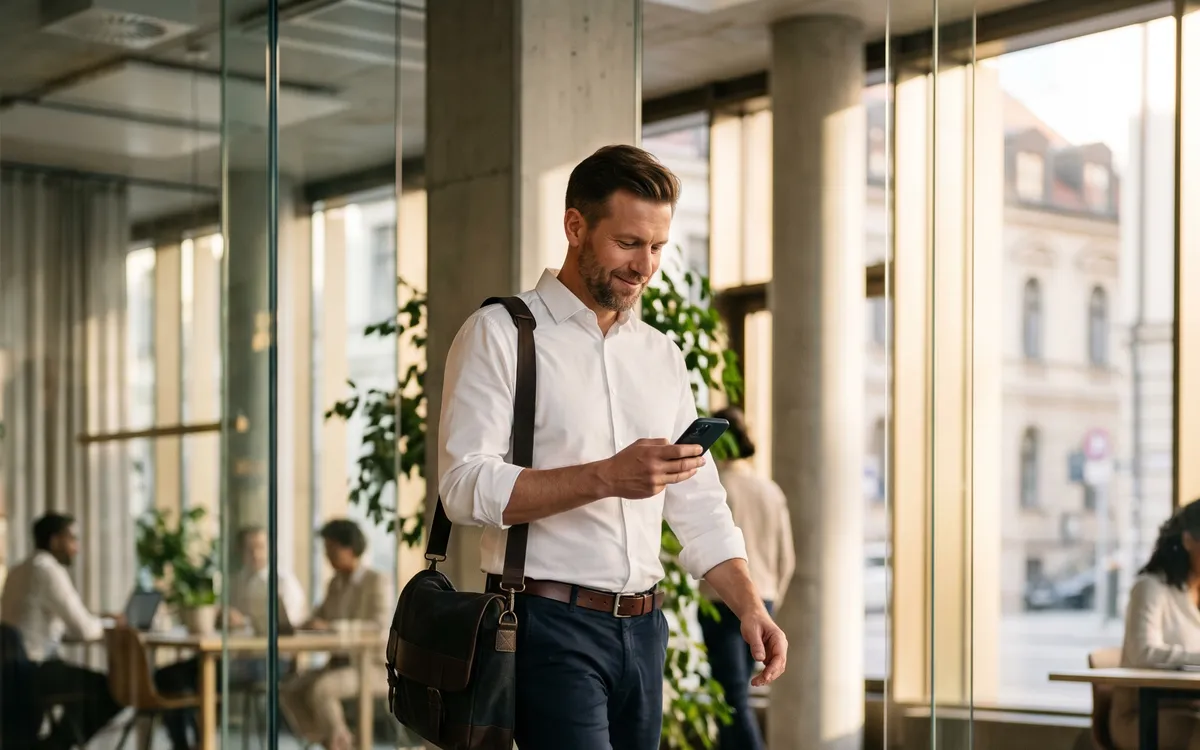 Man with a shoulder bag checking his phone in a bright office lobby