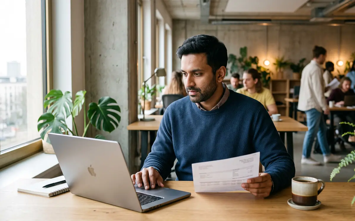 Employee checking his payslip next to a laptop in an office