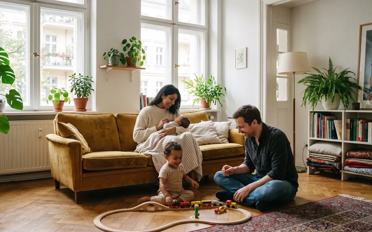 Parents with a baby and a toddler in a bright Berlin living room
