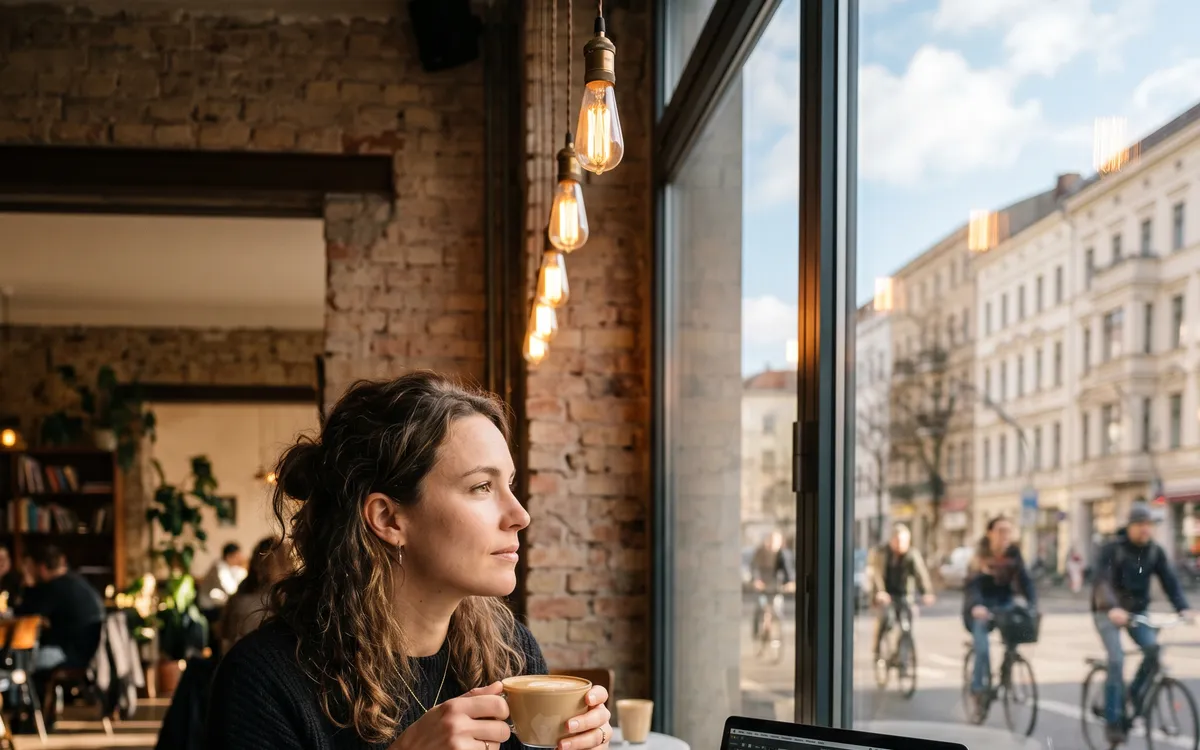 Freelancer with a coffee at a cafe window overlooking a city street