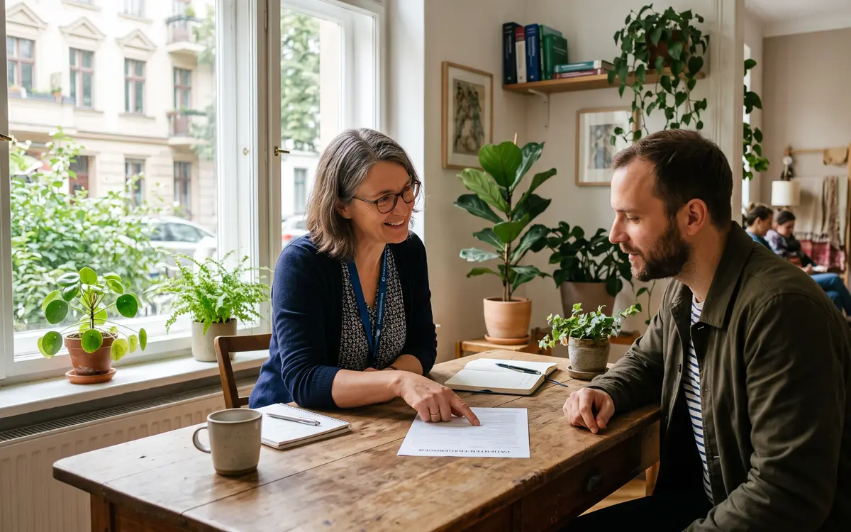 Doctor going through a health questionnaire with a patient at a desk