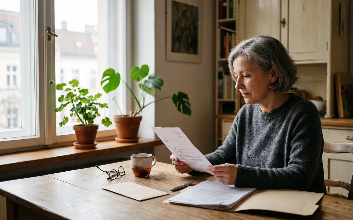 Woman in her late fifties reading a letter at a kitchen table in a Berlin flat