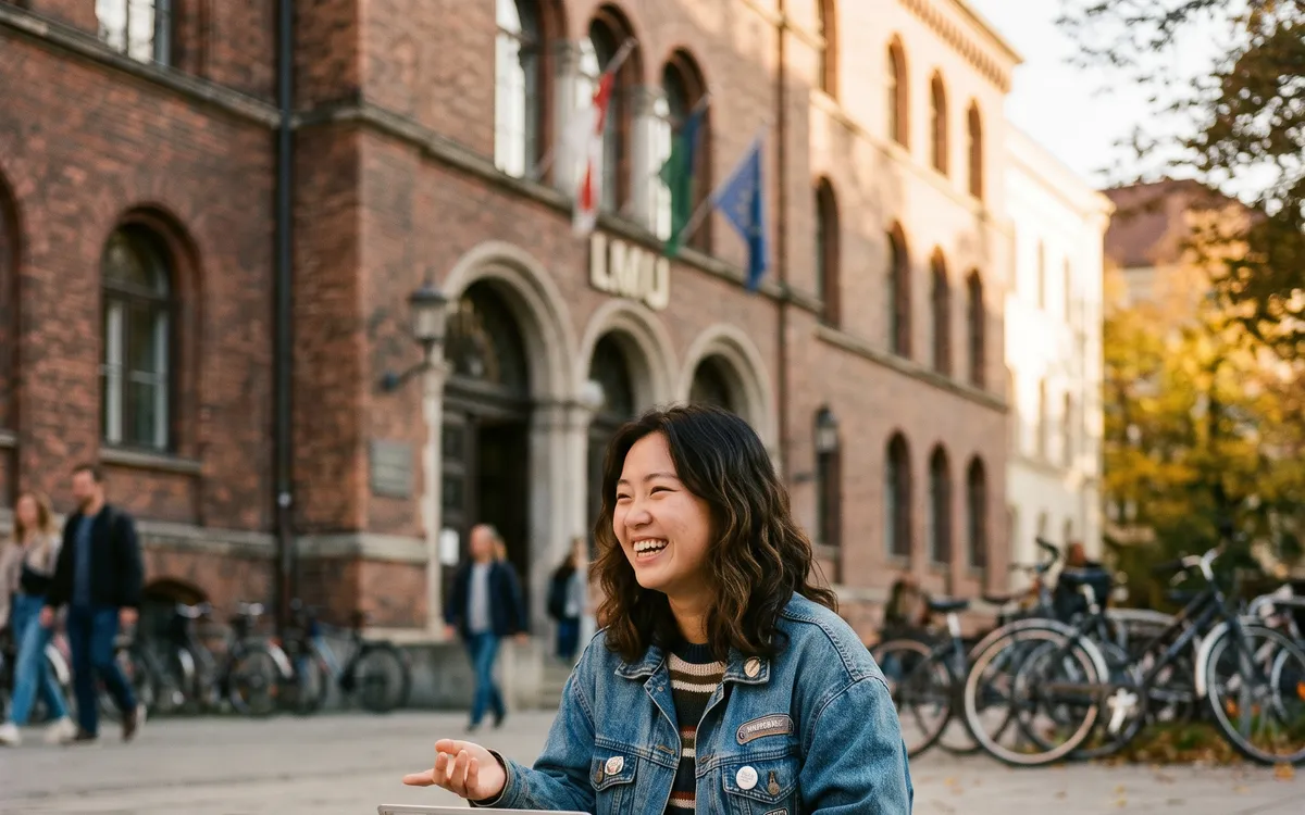Smiling student in front of a university building with parked bicycles