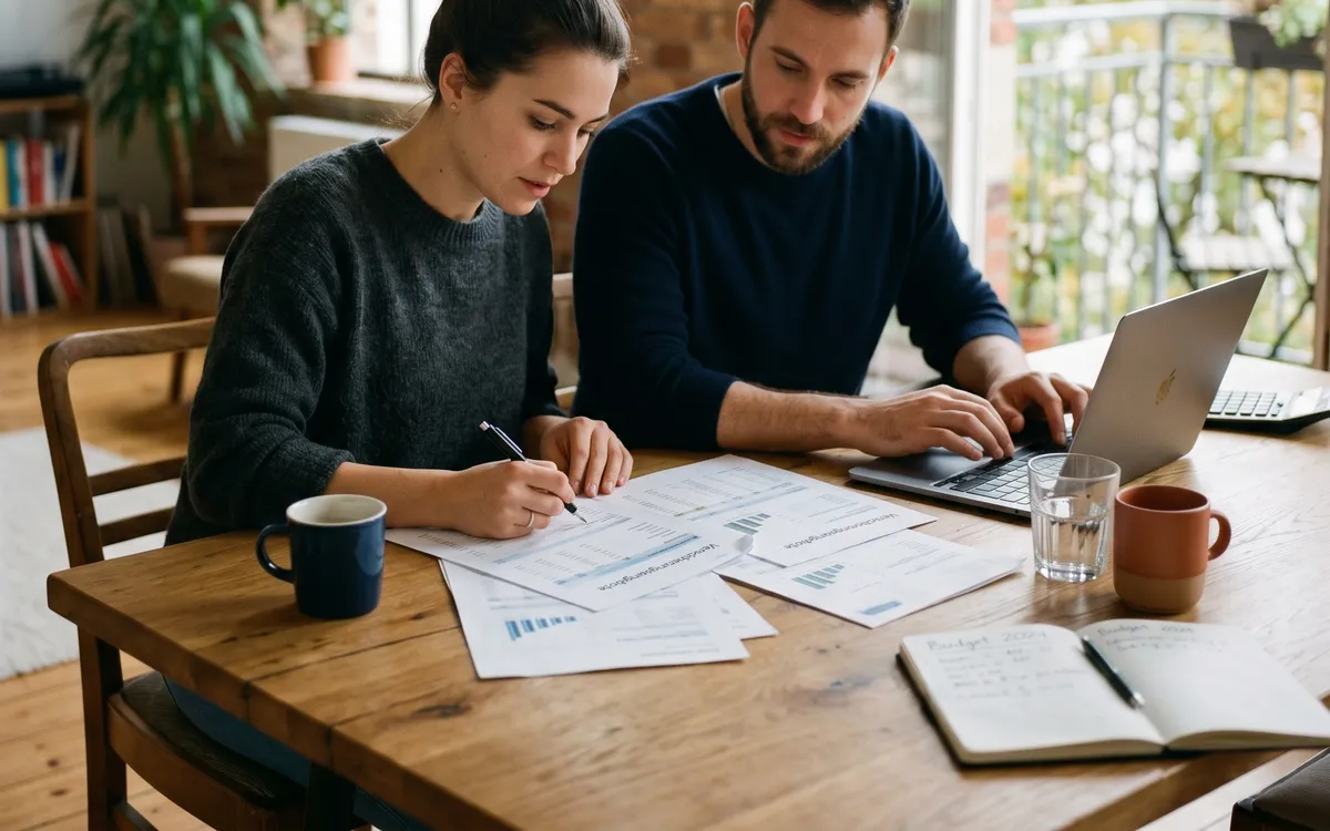 Couple working through paperwork and a laptop at a wooden table