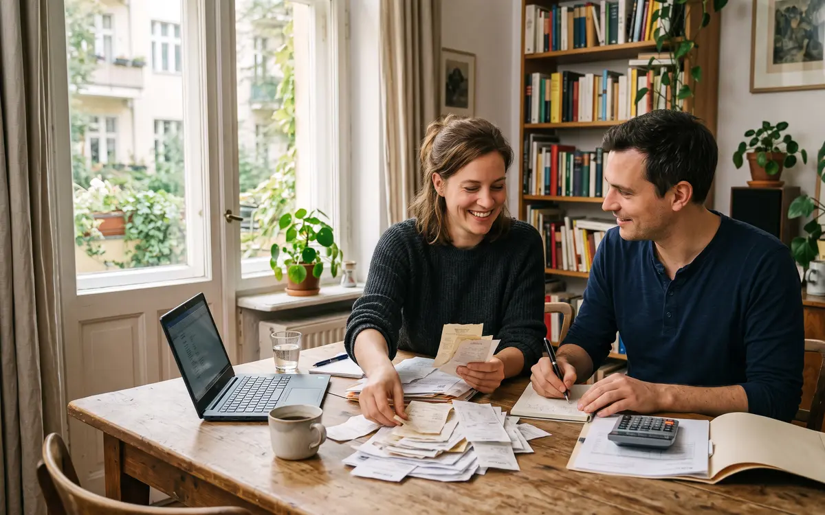 Couple sorting receipts for their tax return at a dining table