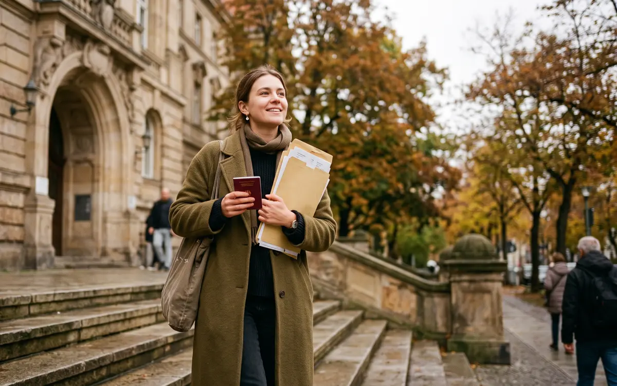 Woman holding a passport and documents outside a public office in Berlin