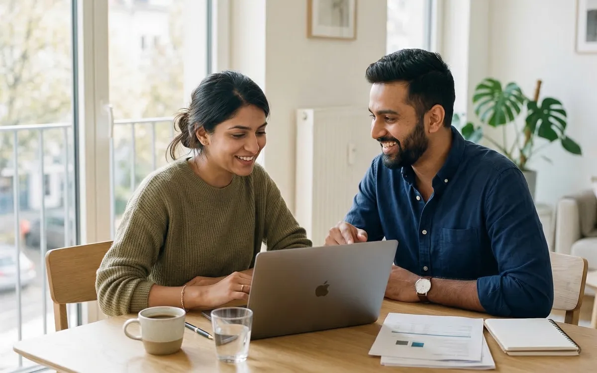 Couple comparing options on a laptop at their kitchen table