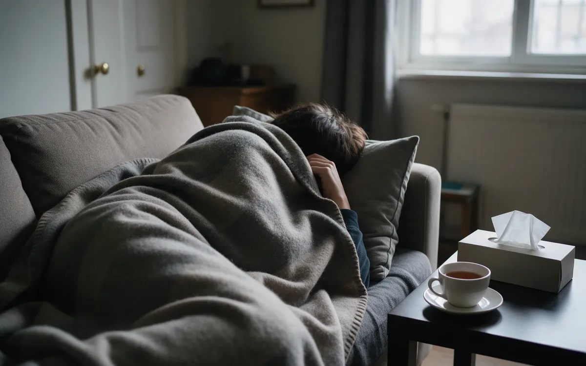 A person resting on a sofa under a blanket, with tea and tissues on the side table