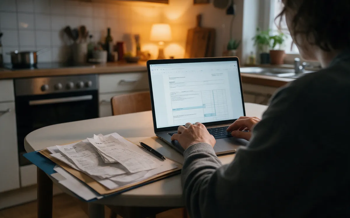 A person filing a tax return on a laptop at a kitchen table with a folder of receipts